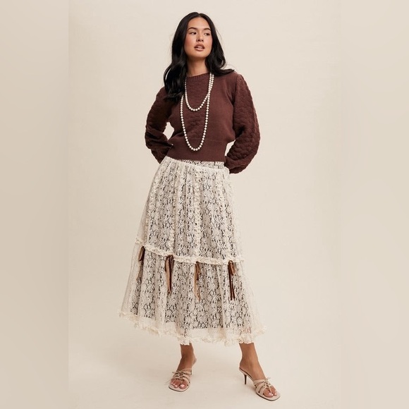 Lace & Velvet Layered Tiered Midi Skirt with Bows - Listicle - Picture 1 of 7